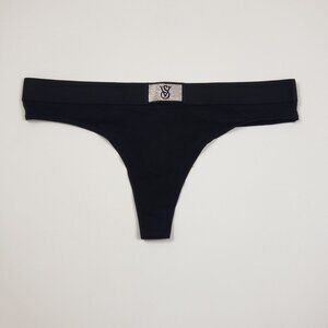 Victoria's Secret Shine Patch Thong Panty Womens Medium Black Rhinestone VS Logo